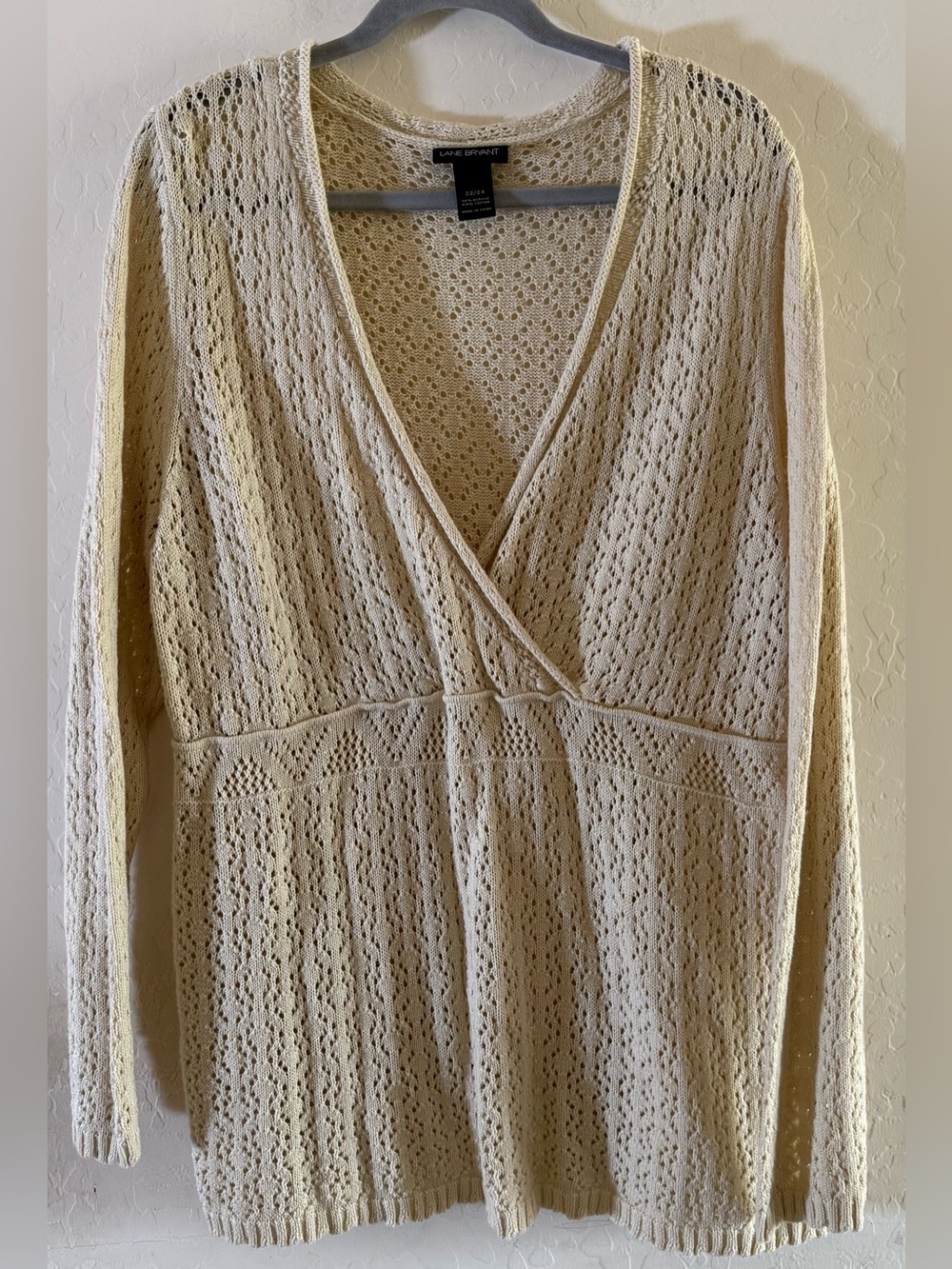 Lane Bryant, 22/24, cotton blend, open-textured knit faux-wrap sweater